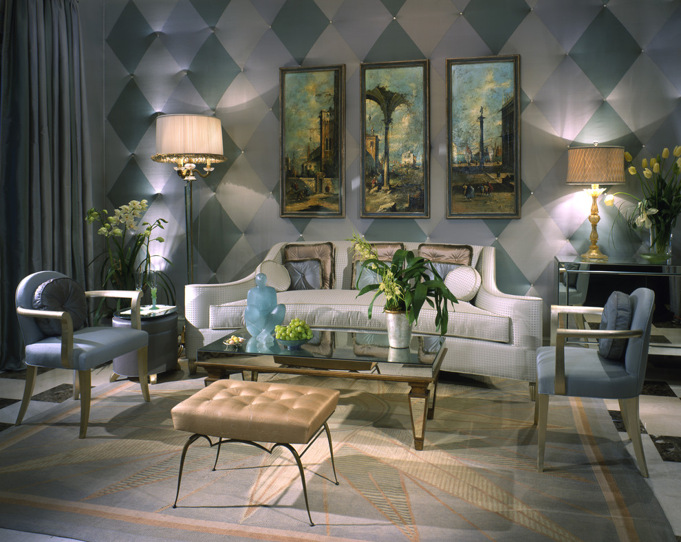 Mittelgroßes, Repräsentatives, Abgetrenntes Stilmix Wohnzimmer mit bunten Wänden und Porzellan-Bodenfliesen in New York