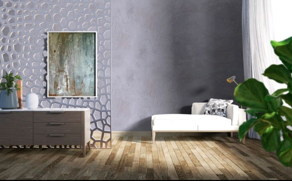 Living room - huge modern open concept light wood floor and beige floor living room idea in Orange County with gray walls