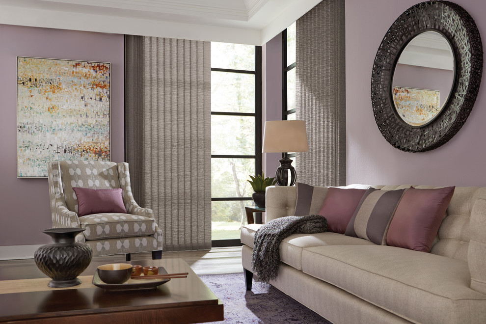 Inspiration för ett mellanstort vintage separat vardagsrum, med vinylgolv, lila väggar och beiget golv