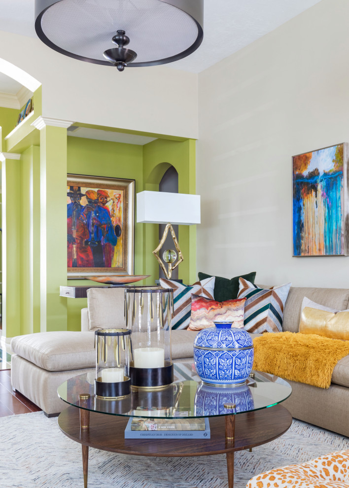 Living room - large mediterranean open concept brown floor living room idea in Houston with beige walls