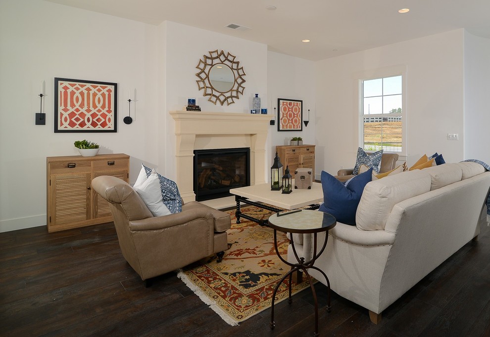 Inspiration for a huge transitional open concept dark wood floor living room remodel in Sacramento with white walls, no fireplace, a concrete fireplace and no tv