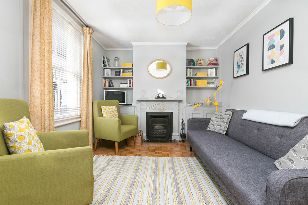Photo of a medium sized retro grey and yellow living room in Kent.