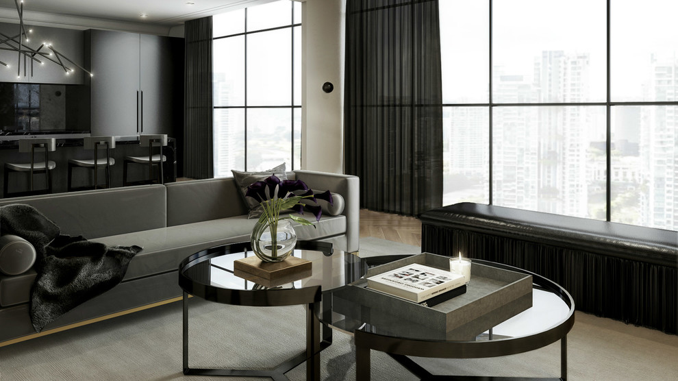 Foto di un grande soggiorno moderno aperto con sala formale, pareti bianche, parquet chiaro, nessun camino, nessuna TV e pavimento marrone