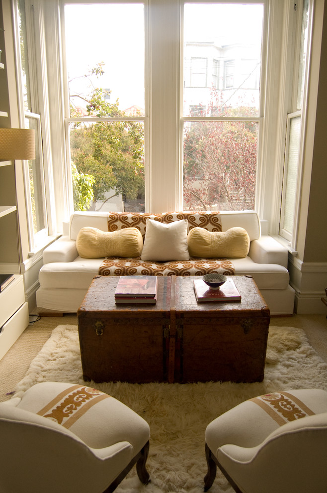 Photo of a victorian open plan living room in San Francisco with grey walls and a reading nook.