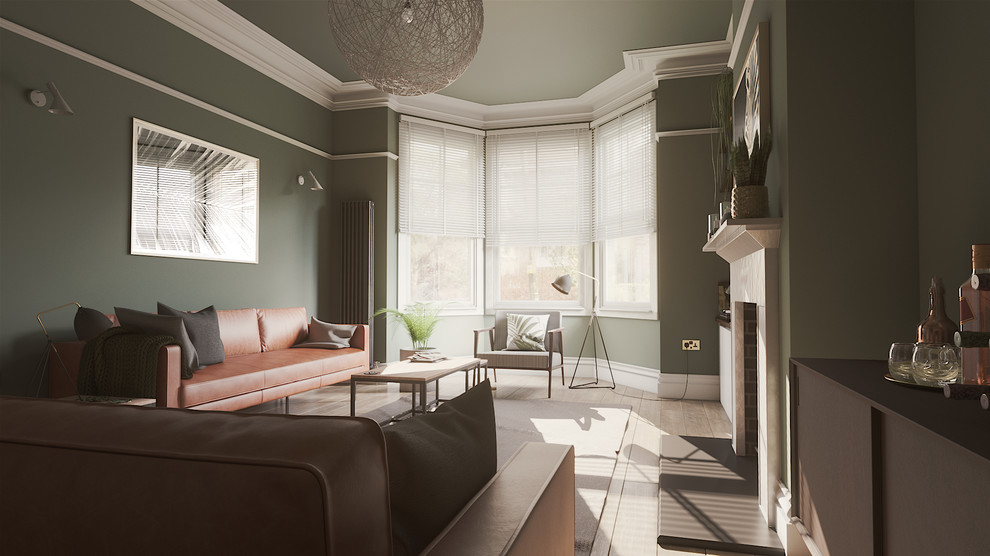 Inspiration pour un salon vintage de taille moyenne et fermé avec un mur vert, un sol en bois brun, une cheminée standard, un manteau de cheminée en plâtre, un téléviseur fixé au mur et un sol marron.