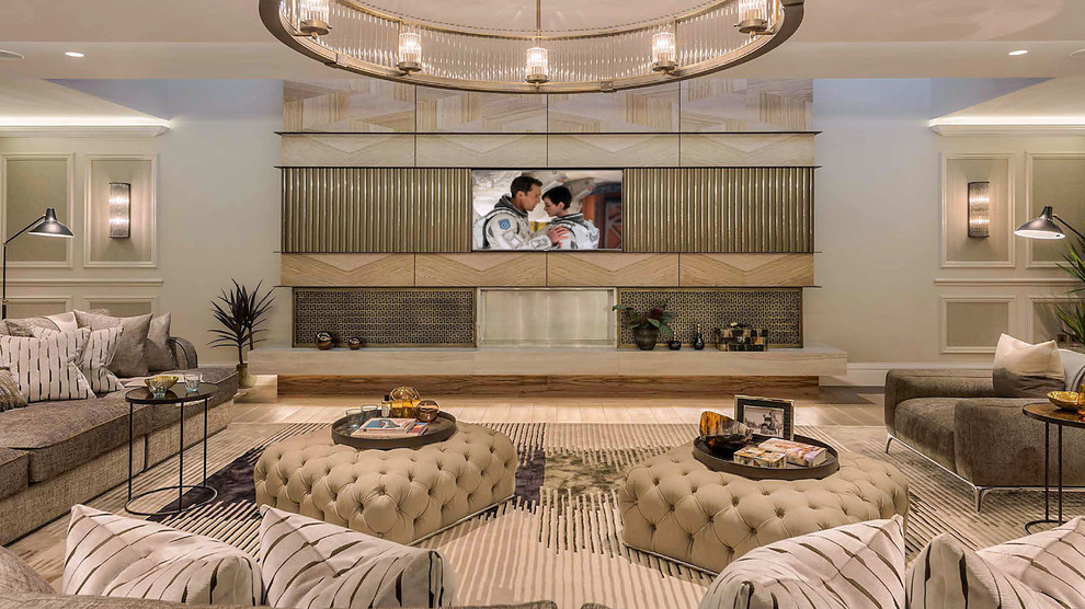 Foto de salón abierto tradicional renovado extra grande con televisor retractable