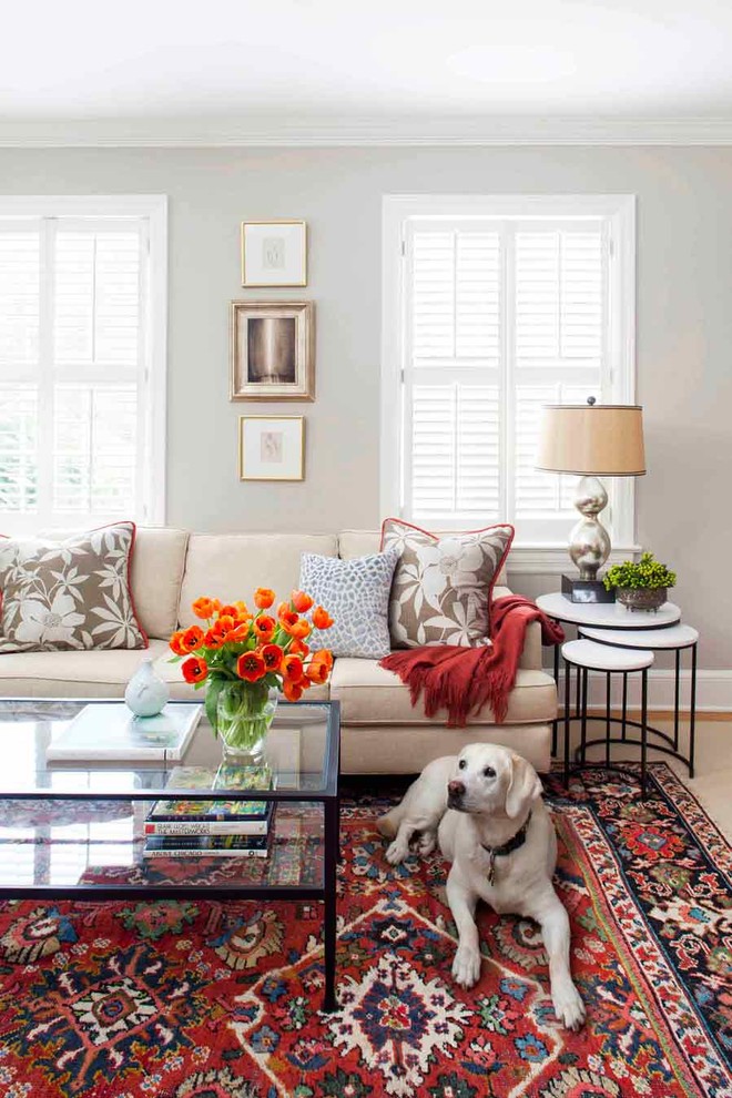 Mid-sized elegant formal and enclosed medium tone wood floor living room photo in Atlanta with gray walls