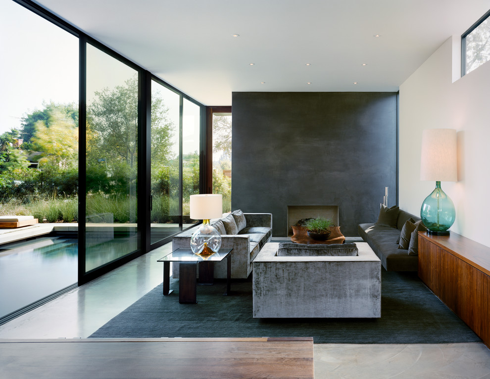 Идея дизайна: парадная гостиная комната в стиле модернизм с черными стенами, стандартным камином, фасадом камина из штукатурки и ковром на полу без телевизора