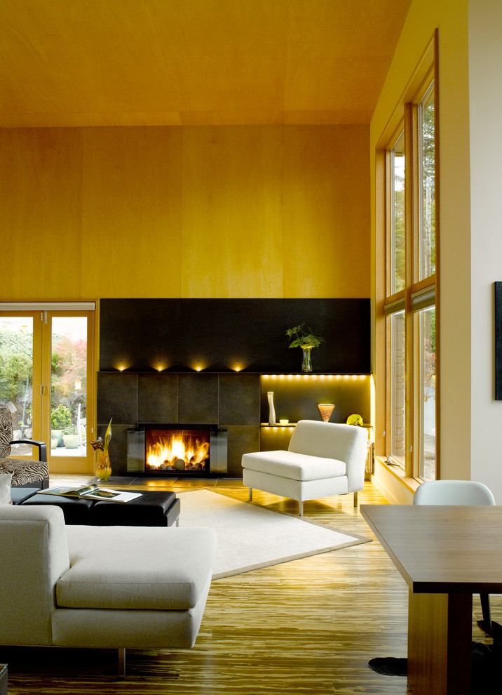 Foto de salón minimalista con suelo de bambú y alfombra