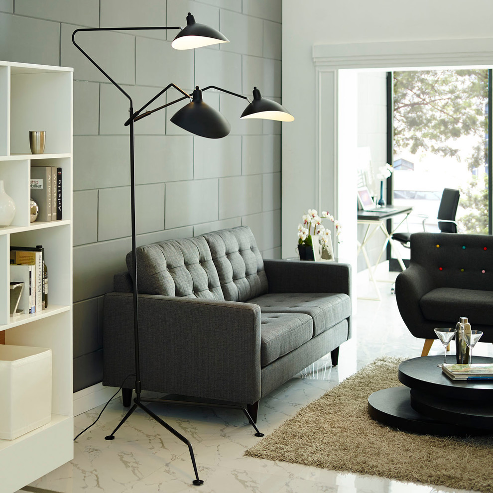 Идея дизайна: парадная, открытая гостиная комната среднего размера в современном стиле с серыми стенами и мраморным полом без камина, телевизора