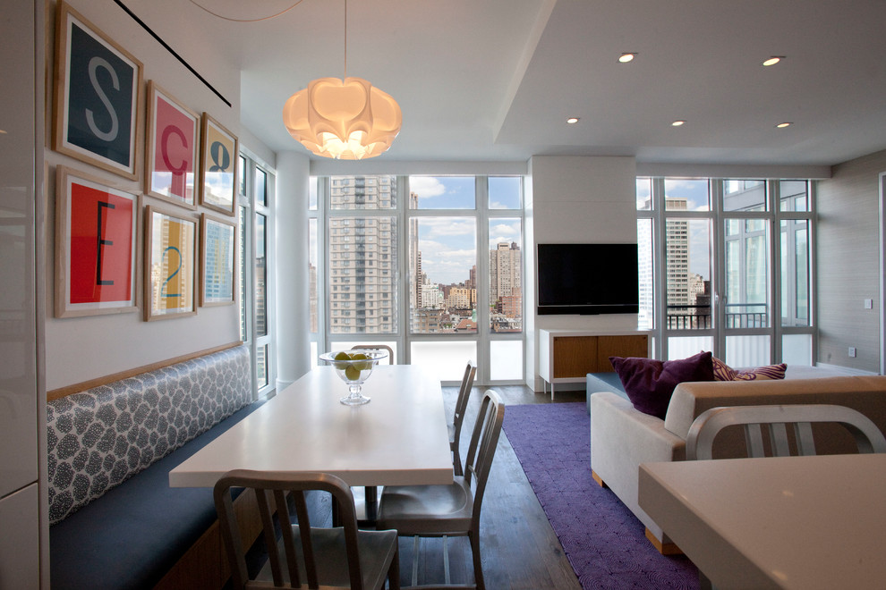 Example of a trendy living room design in New York with white walls