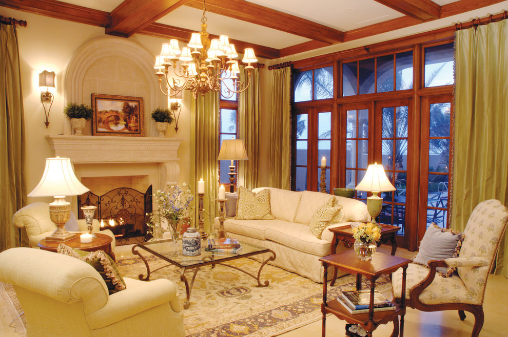 Photo of a large classic formal enclosed living room in Miami with beige walls, porcelain flooring, a standard fireplace, a stone fireplace surround, no tv and beige floors.