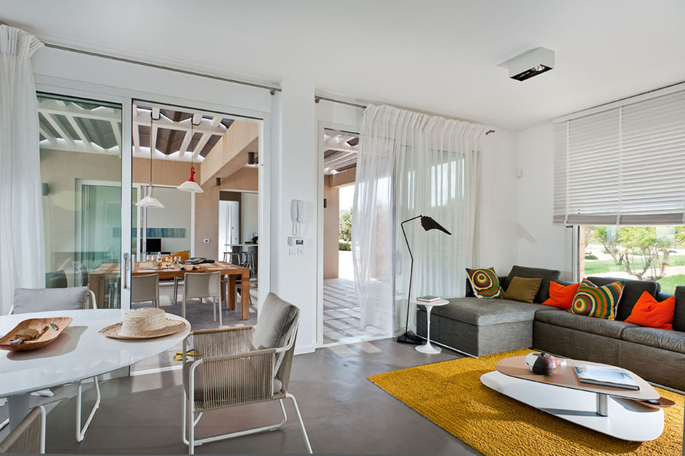 Источник вдохновения для домашнего уюта: большая гостиная комната в стиле фьюжн с белыми стенами и бетонным полом