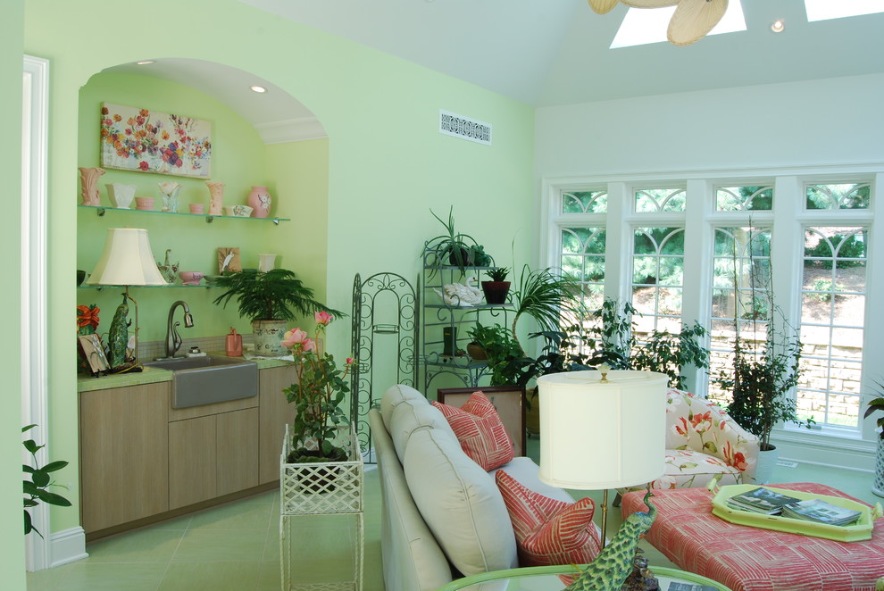 Example of a mid-sized trendy formal living room design in Cincinnati with green walls