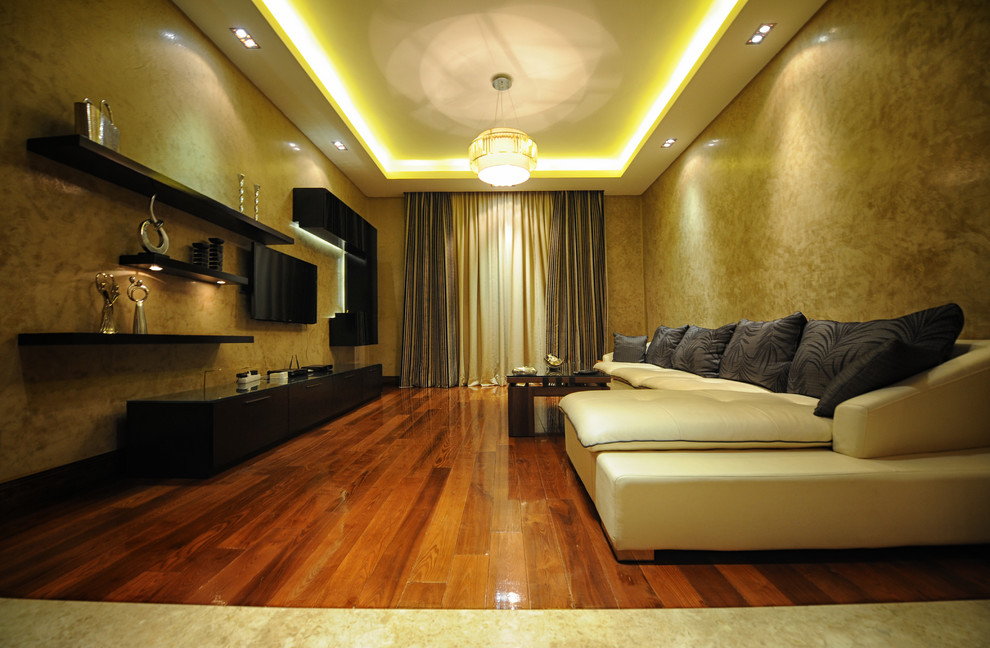Example of a mid-sized minimalist medium tone wood floor living room design in Other