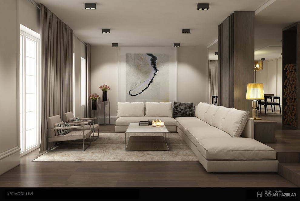 Immagine di un ampio soggiorno contemporaneo con pareti grigie