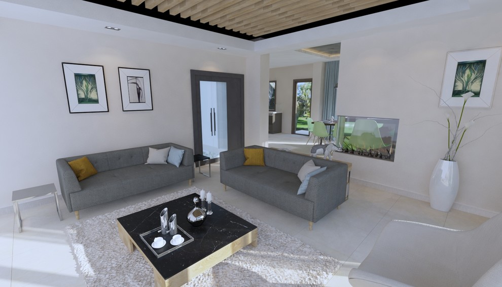 Inspiration pour un grand salon minimaliste ouvert avec un mur beige, un sol en carrelage de céramique, une cheminée double-face, un manteau de cheminée en plâtre, un téléviseur encastré et un sol gris.