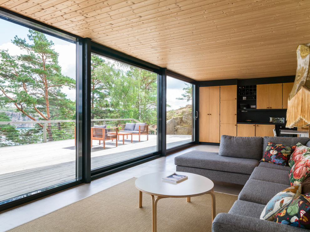 Foto di un soggiorno nordico aperto con sala formale, pavimento in cemento e pavimento grigio