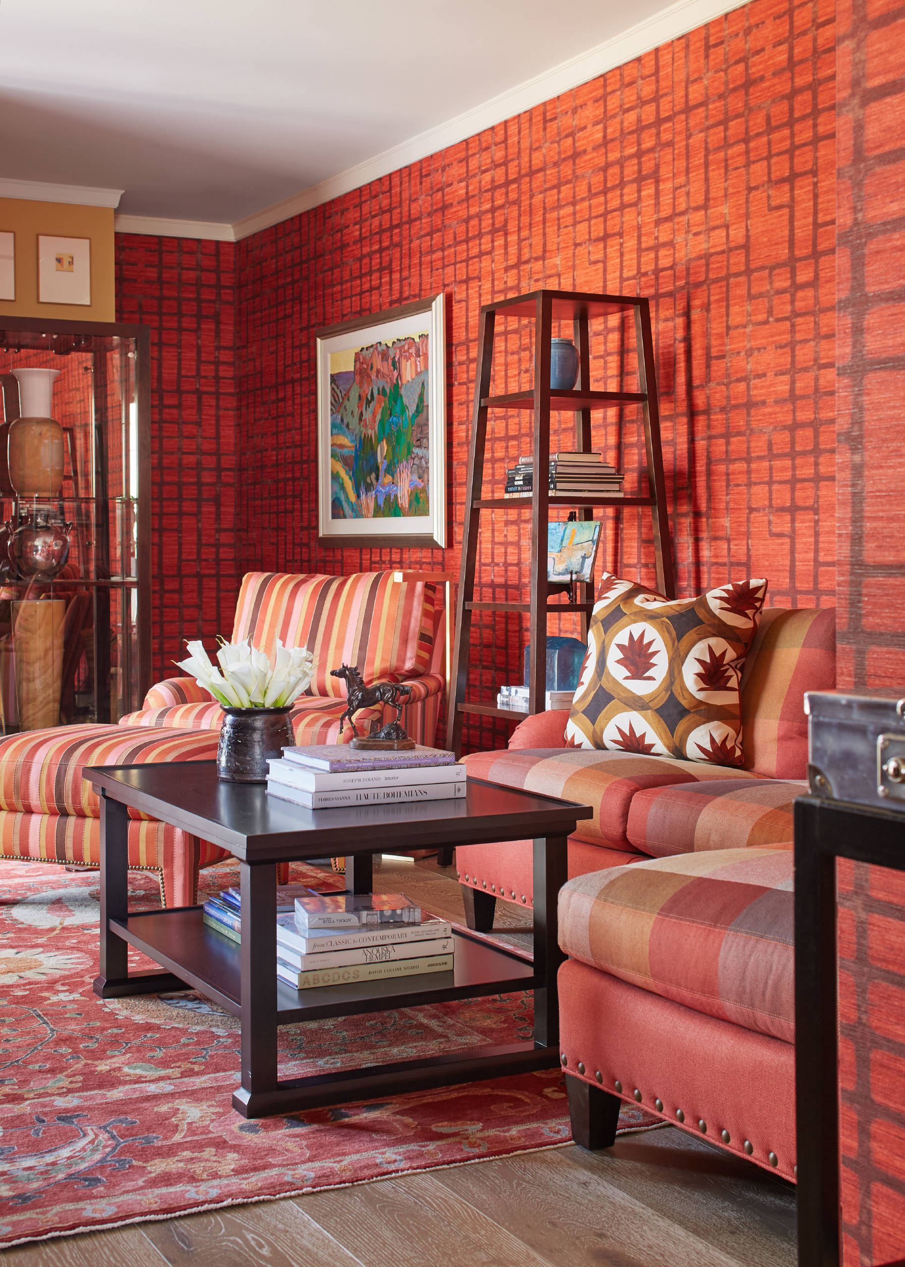 75 Brown Floor Living Room With Red