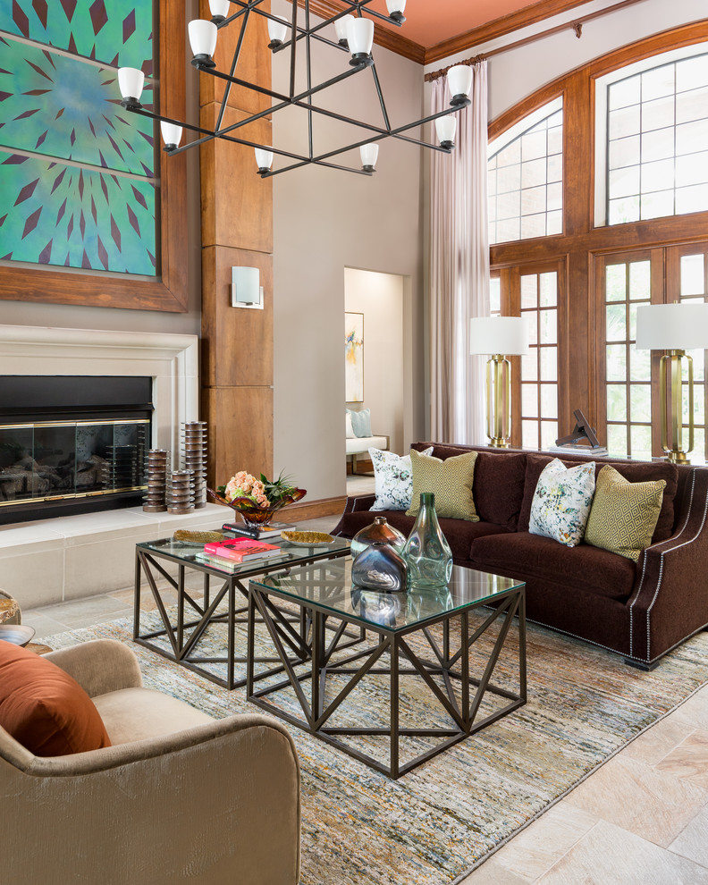 Example of a large transitional open concept and formal slate floor and multicolored floor living room design in Houston with gray walls, a plaster fireplace and a standard fireplace