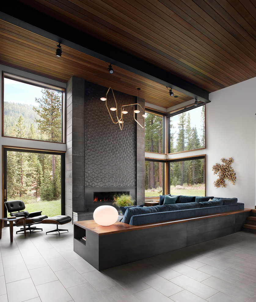 Example of a huge trendy formal porcelain tile and gray floor living room design in San Francisco with white walls, a ribbon fireplace, no tv and a metal fireplace