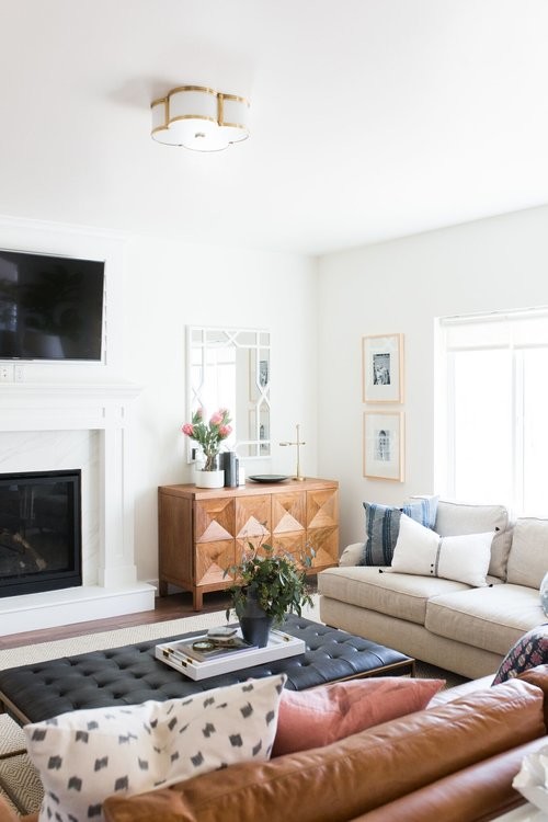 Inspiration for a mid-sized transitional open concept medium tone wood floor living room remodel in Salt Lake City with white walls and a standard fireplace