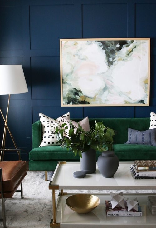 Living room - mid-sized transitional medium tone wood floor living room idea in Salt Lake City with blue walls