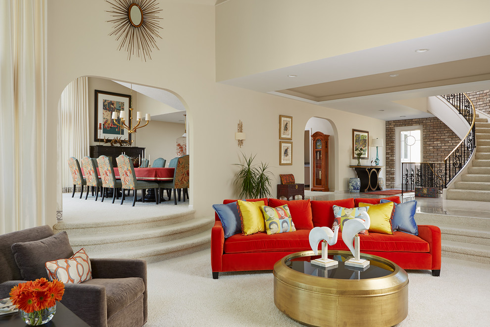 Large eclectic formal and open concept carpeted living room photo in Minneapolis with beige walls and no tv