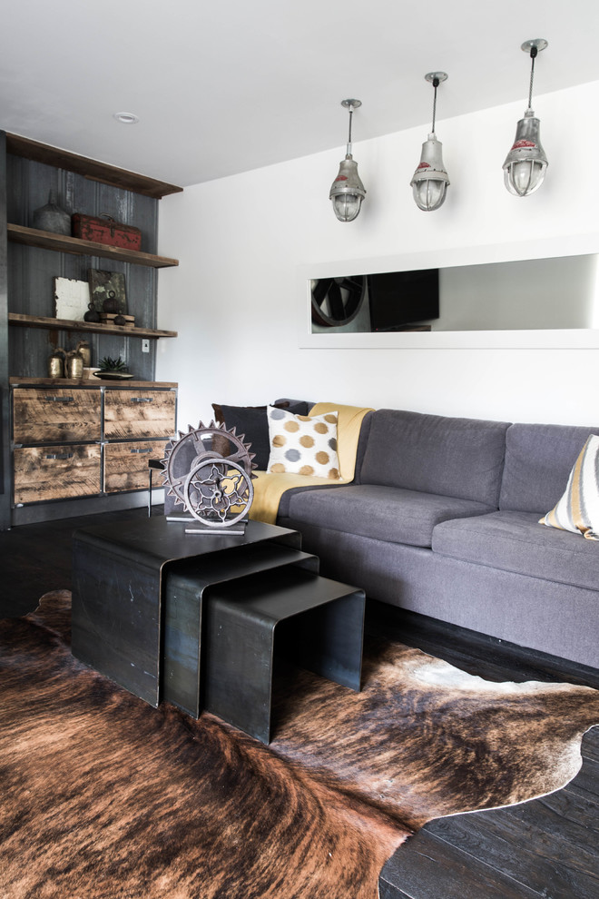 Medium sized eclectic formal enclosed living room in Vancouver with white walls and dark hardwood flooring.