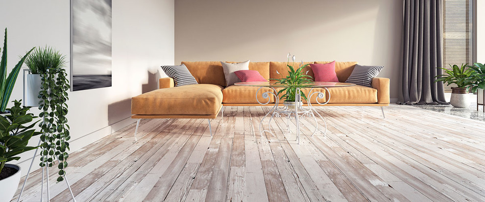 Foto di un soggiorno contemporaneo di medie dimensioni con pavimento marrone