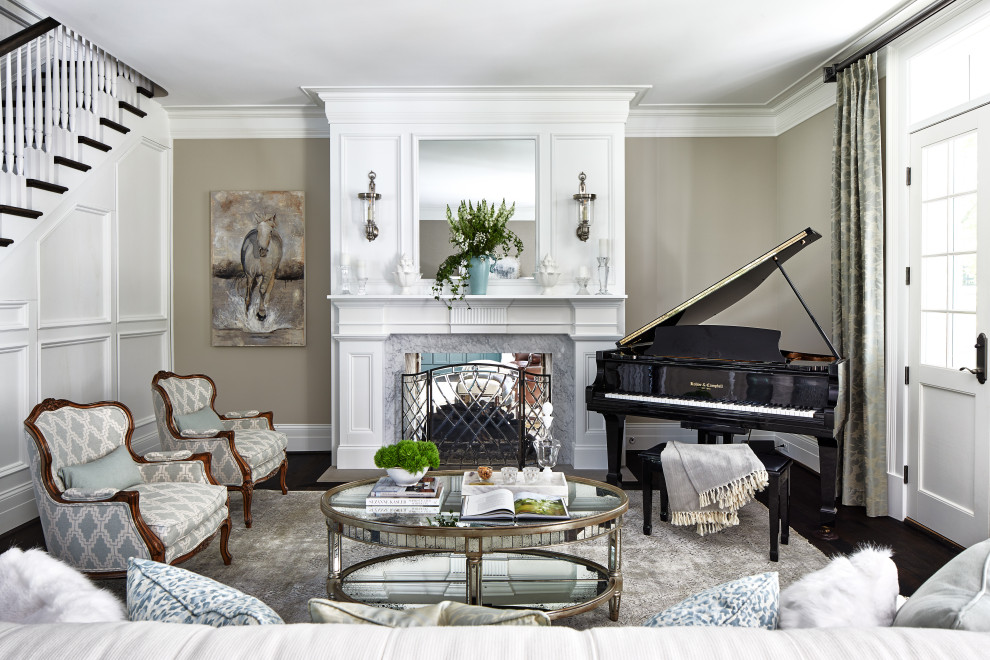 Inspiration for a living room in Other with grey walls, dark hardwood flooring, a standard fireplace, a stone fireplace surround and brown floors.