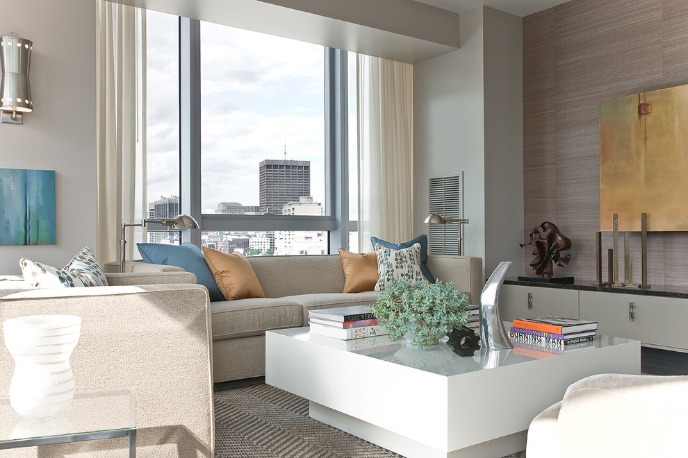 Medium sized contemporary open plan living room in Boston with dark hardwood flooring and beige walls.
