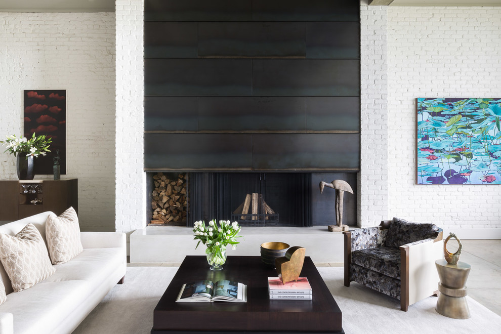 Mid-sized urban open concept and formal concrete floor and beige floor living room photo in Other with white walls, a ribbon fireplace and a brick fireplace