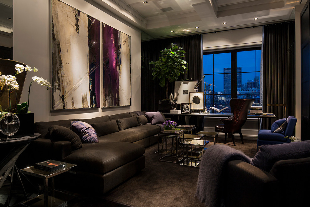 Esempio di un soggiorno minimalista di medie dimensioni con pareti grigie e moquette