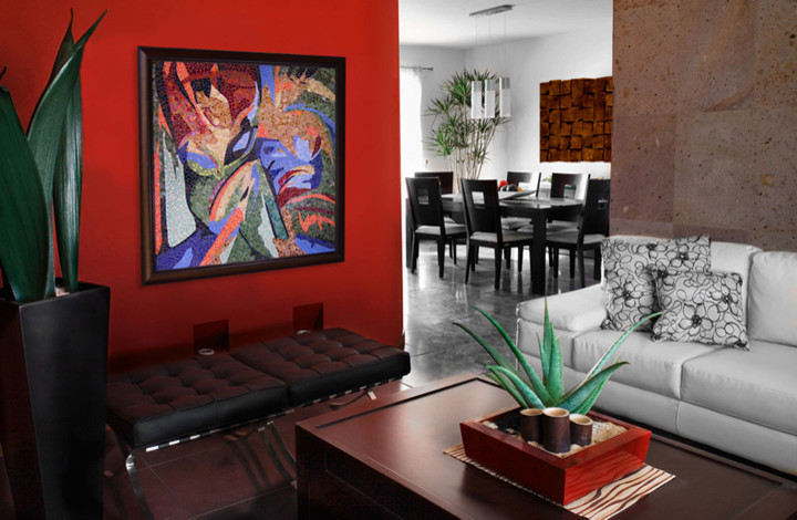 Immagine di un soggiorno minimal di medie dimensioni con pareti rosse