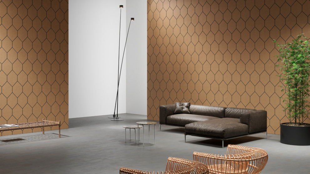 Esempio di un soggiorno minimalista con pareti marroni, pavimento in sughero, pavimento grigio e pannellatura
