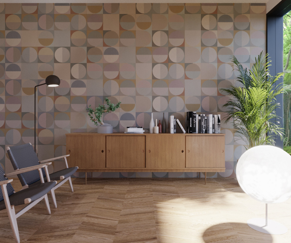 Idee per un soggiorno minimalista con pareti multicolore, pavimento in sughero, pavimento giallo e pannellatura