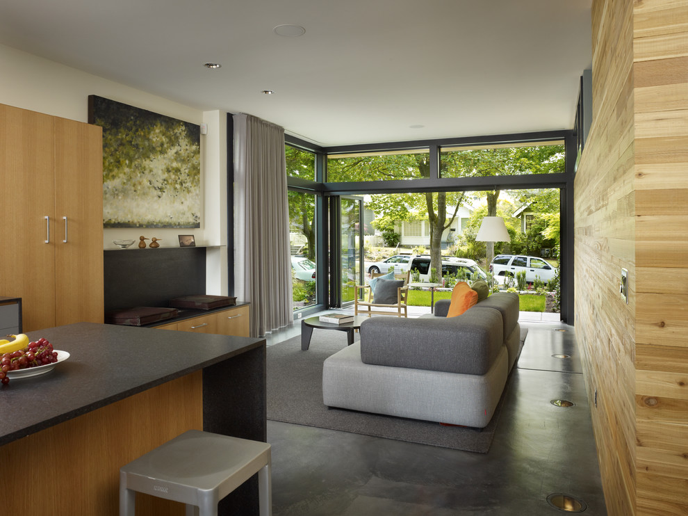 Foto di un soggiorno minimalista aperto con pavimento in cemento e pavimento grigio