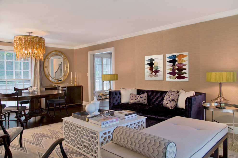 Immagine di un soggiorno contemporaneo con pareti marroni