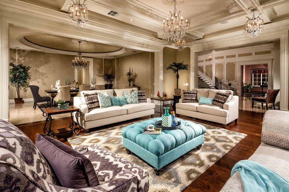 Foto de salón abierto clásico renovado con paredes grises y suelo de madera en tonos medios