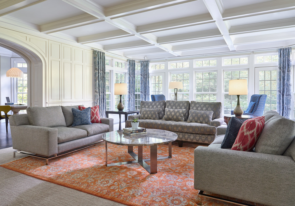 Inspiration for a large transitional formal and enclosed carpeted and brown floor living room remodel in Boston with white walls, no fireplace and no tv
