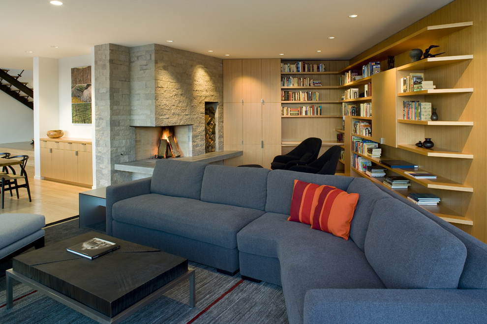 Стильный дизайн: гостиная комната в современном стиле с угловым камином, с книжными шкафами и полками, фасадом камина из камня и ковром на полу - последний тренд