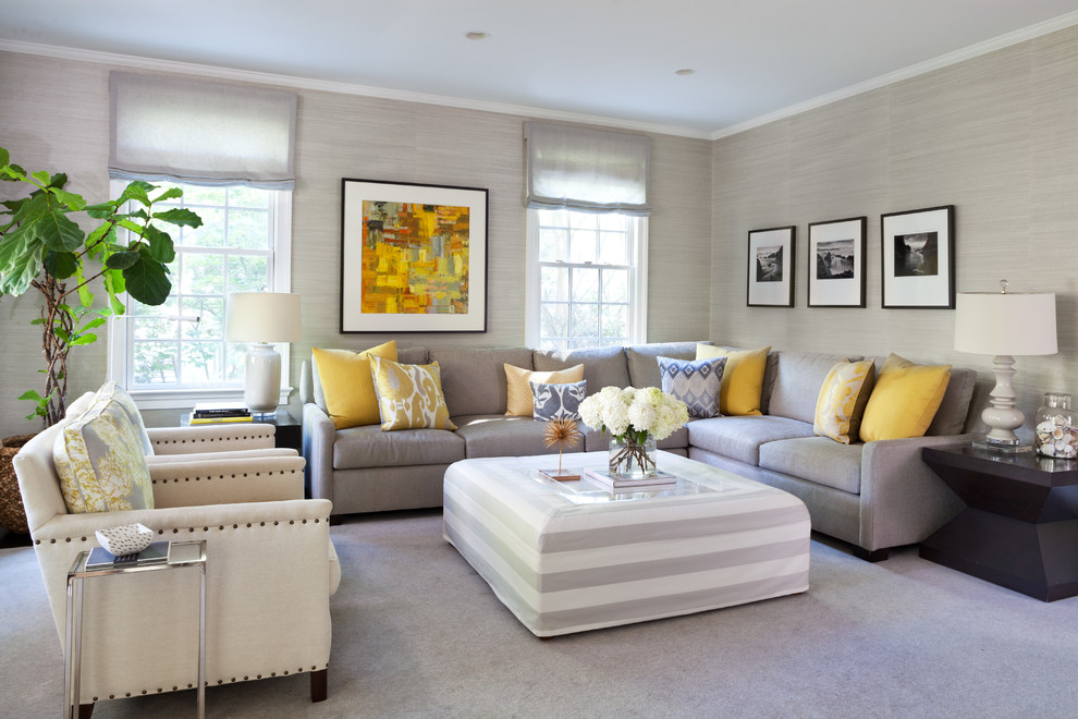 Klassisches Wohnzimmer mit grauer Wandfarbe und Teppichboden in Washington, D.C.