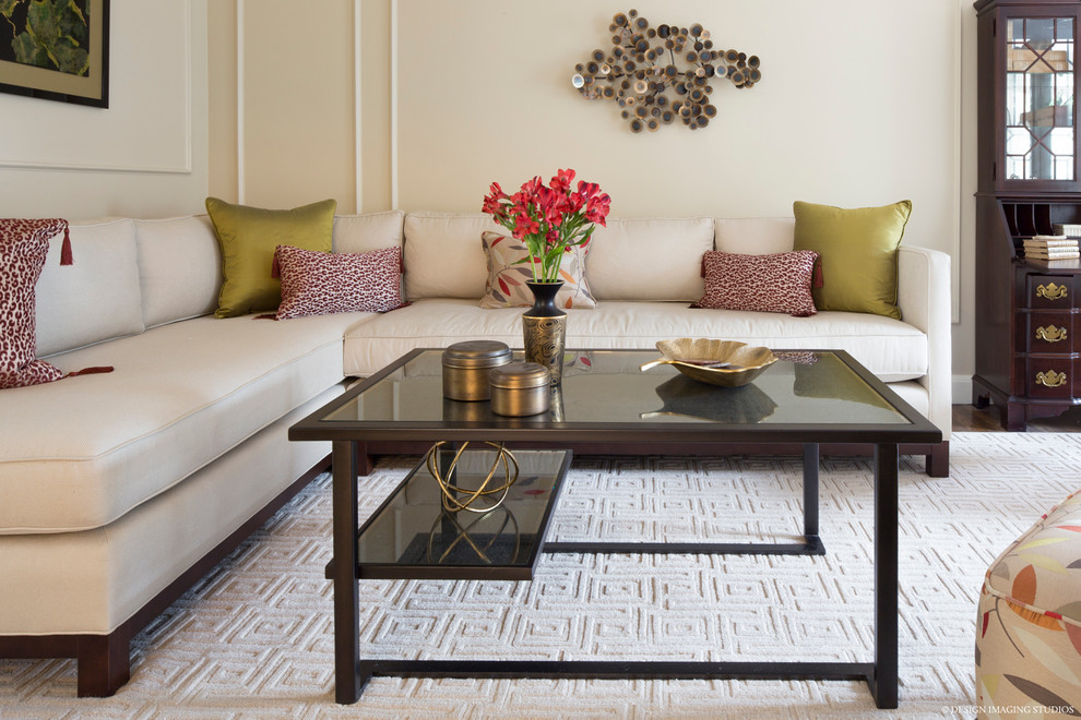 Example of a transitional living room design in Boston