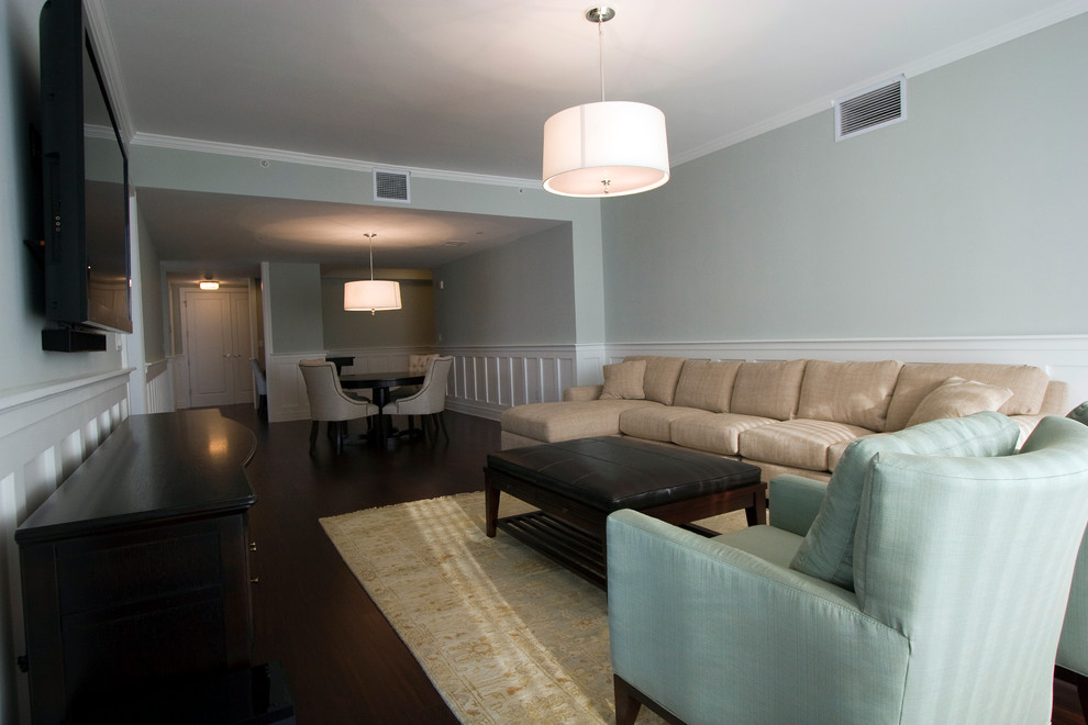 Medium sized classic formal and grey and teal open plan living room in Tampa with grey walls, dark hardwood flooring, no fireplace and a wall mounted tv.