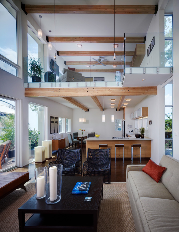 Trendy open concept living room photo in DC Metro with white walls