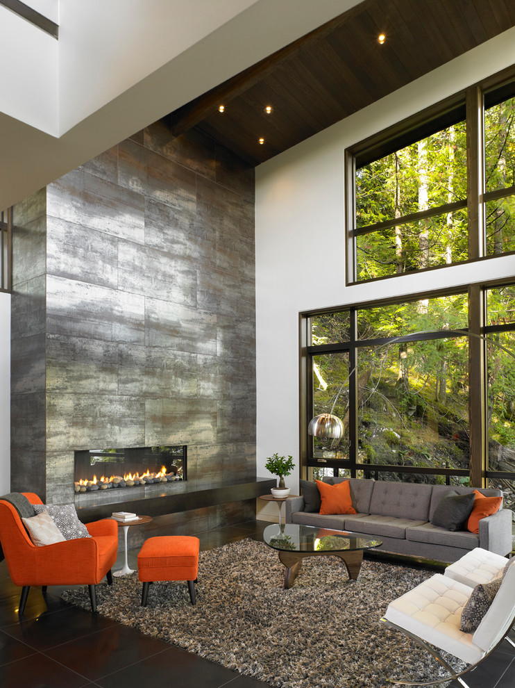 Trendy living room photo in Vancouver with a ribbon fireplace
