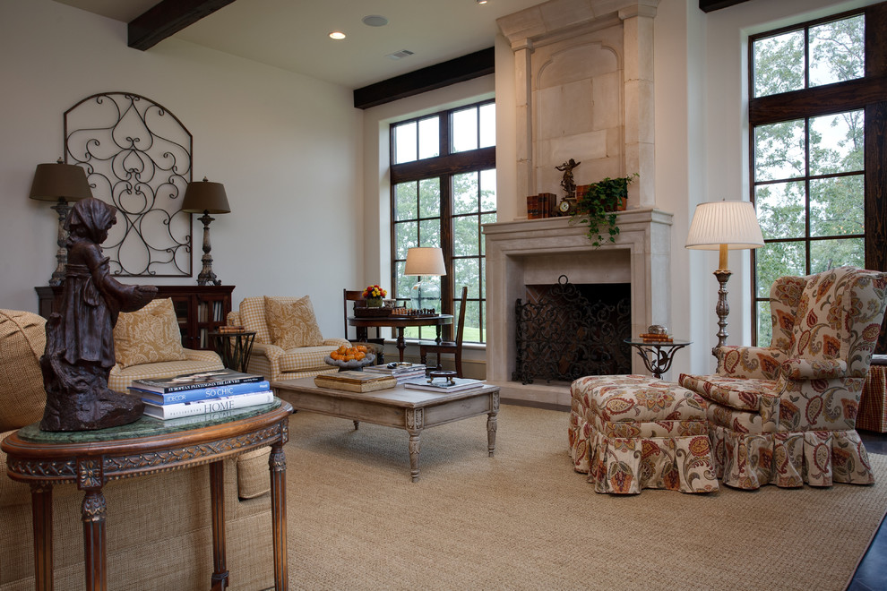 Living room - large traditional formal and open concept dark wood floor and brown floor living room idea in Little Rock with white walls, a standard fireplace, a stone fireplace and no tv