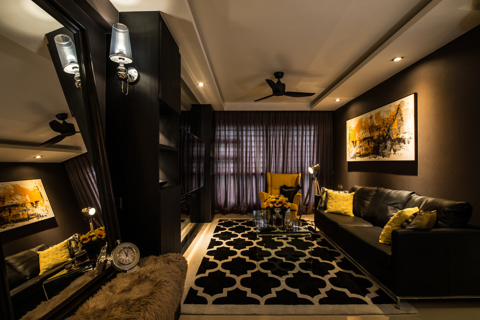 Esempio di un piccolo soggiorno minimal aperto con angolo bar, pareti nere, pavimento con piastrelle in ceramica e TV a parete