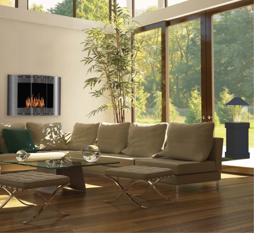 Inspiration pour un grand salon minimaliste avec cheminée suspendue.